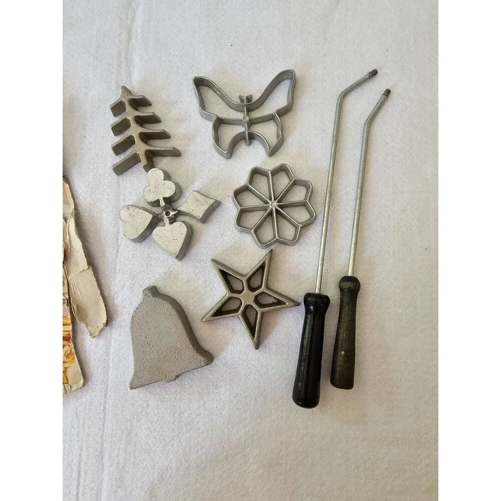 Vintage Rosette Iron Set Patty Shell Timbale Maker 6 Molds Handles Box